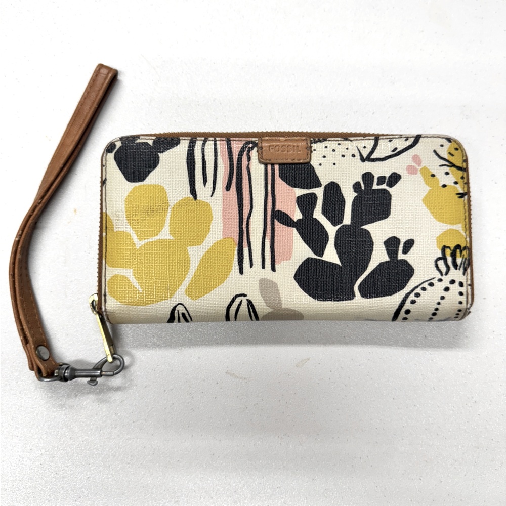 Fossil Floral Leather Full Zip Wallet Wristlet Womens Organizer